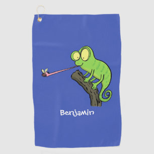 Cute funny green happy chameleon lizard cartoon golf towel