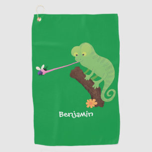 Cute funny green happy chameleon lizard cartoon golf towel