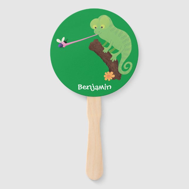 Cute funny green happy chameleon lizard cartoon hand fan (Front)