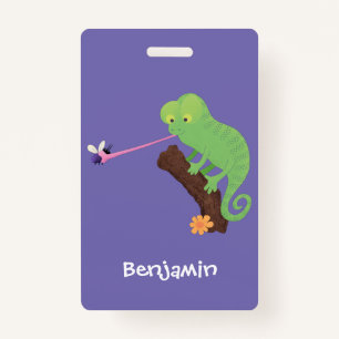 Cute funny green happy chameleon lizard cartoon ID badge