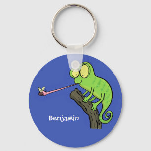 Cute funny green happy chameleon lizard cartoon key ring