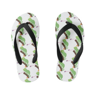 Cute funny green happy chameleon lizard cartoon kid's flip flops