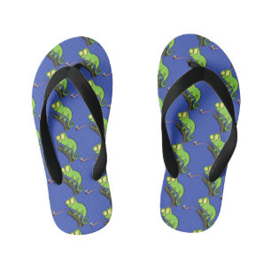 Cute funny green happy chameleon lizard cartoon kid's flip flops