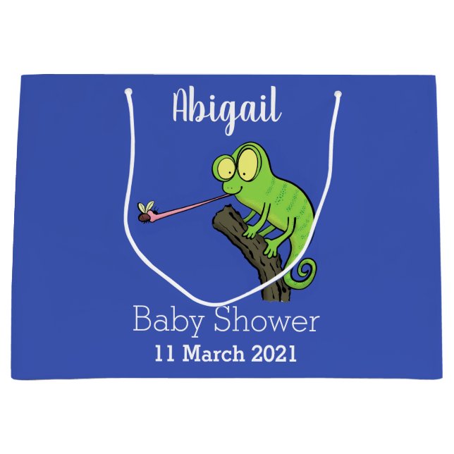 Cute funny green happy chameleon lizard cartoon large gift bag (Front)