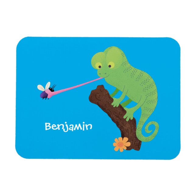 Cute funny green happy chameleon lizard cartoon magnet (Horizontal)