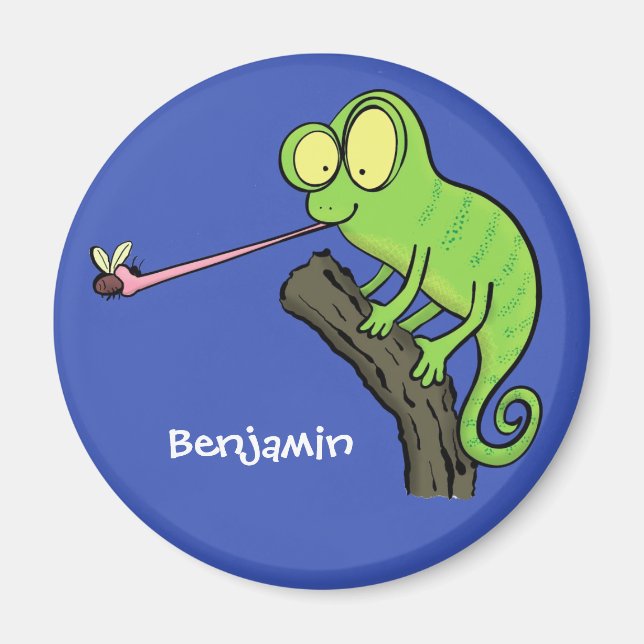 Cute funny green happy chameleon lizard cartoon magnet (Front)