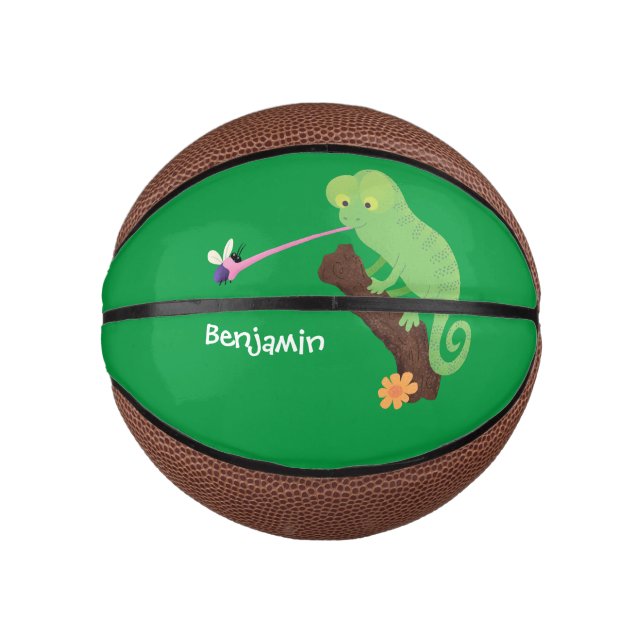 Cute funny green happy chameleon lizard cartoon mini basketball (Front)