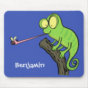 Cute funny green happy chameleon lizard cartoon mouse mat