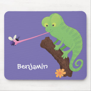 Cute funny green happy chameleon lizard cartoon mouse mat