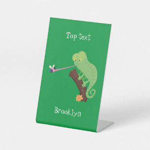 Cute funny green happy chameleon lizard cartoon pedestal sign