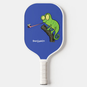 Cute funny green happy chameleon lizard cartoon pickleball paddle