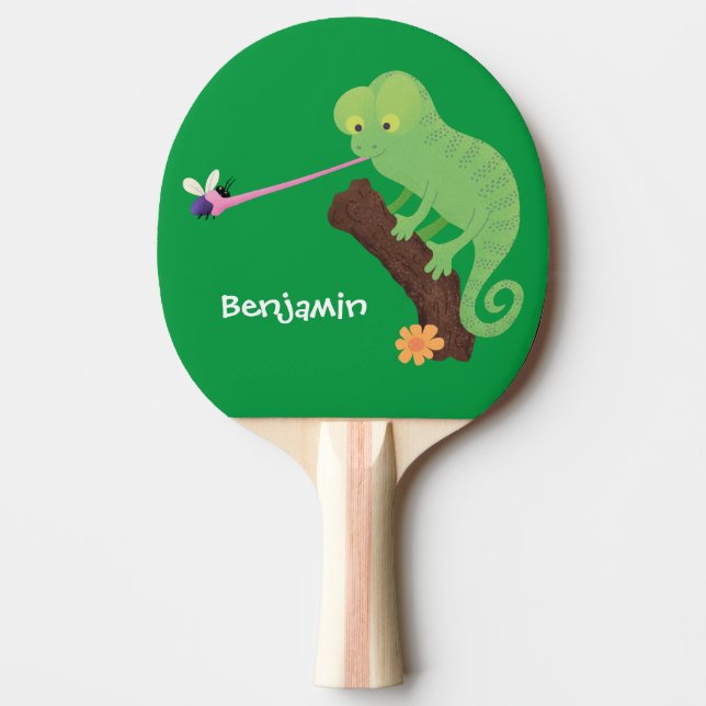 Cute funny green happy chameleon lizard cartoon ping pong paddle (Front)