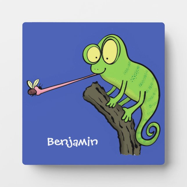Cute funny green happy chameleon lizard cartoon plaque (Front)