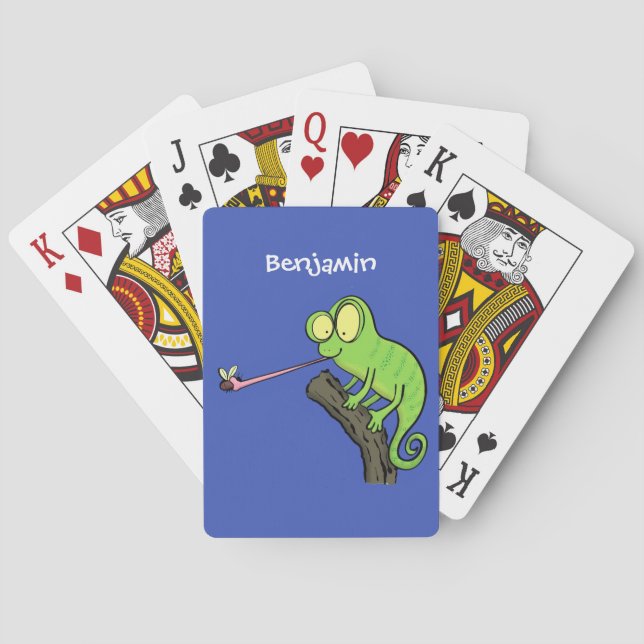 Cute funny green happy chameleon lizard cartoon playing cards (Back)