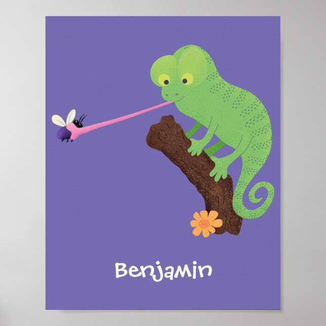 Cute funny green happy chameleon lizard cartoon poster (Front)