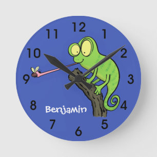 Cute funny green happy chameleon lizard cartoon round clock
