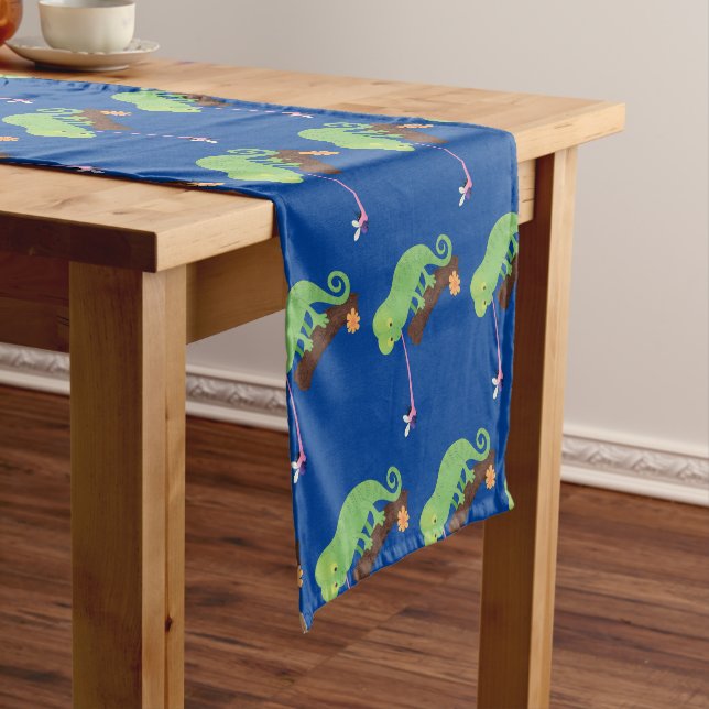 Cute funny green happy chameleon lizard cartoon short table runner (In Situ)
