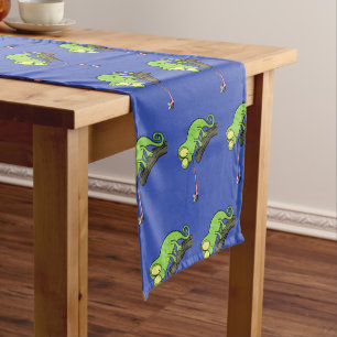Cute funny green happy chameleon lizard cartoon short table runner