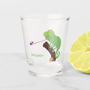 Cute funny green happy chameleon lizard cartoon  shot glass