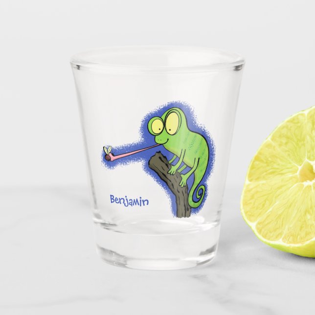 Cute funny green happy chameleon lizard cartoon shot glass (Front)