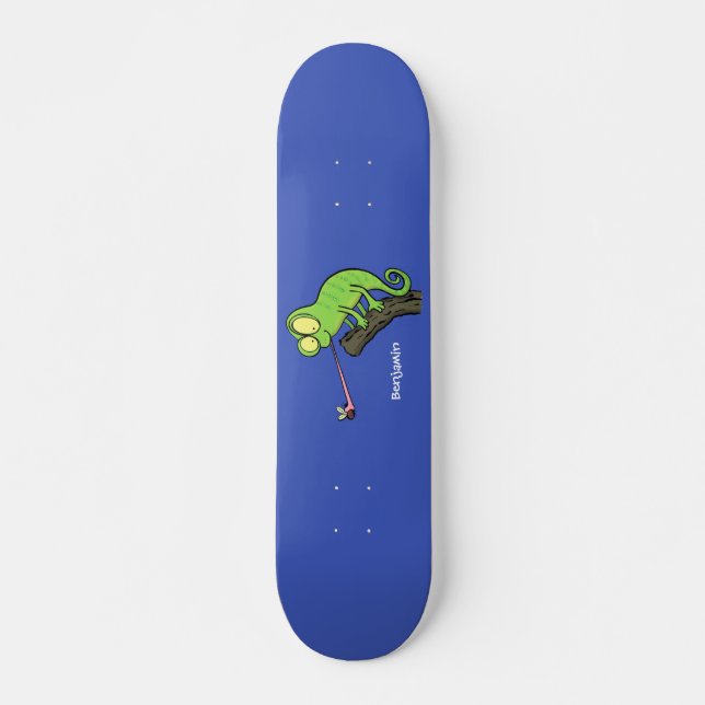Cute funny green happy chameleon lizard cartoon skateboard (Front)