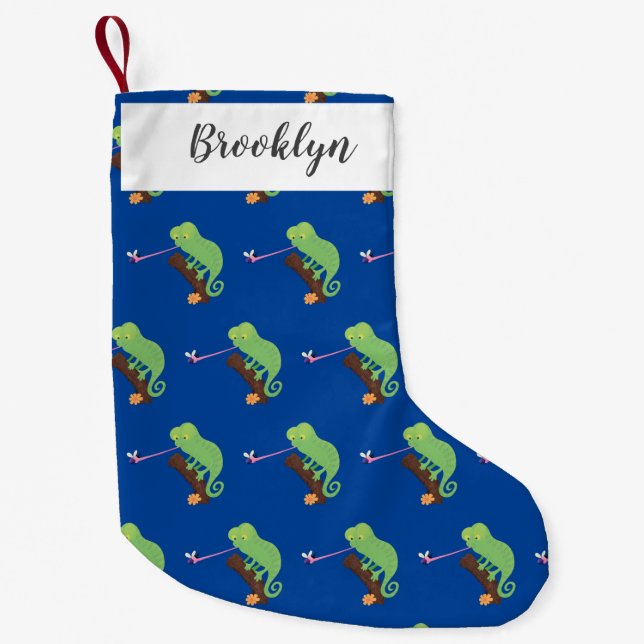 Cute funny green happy chameleon lizard cartoon small christmas stocking (Front)