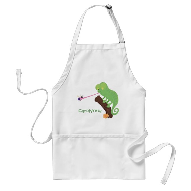Cute funny green happy chameleon lizard cartoon standard apron (Front)