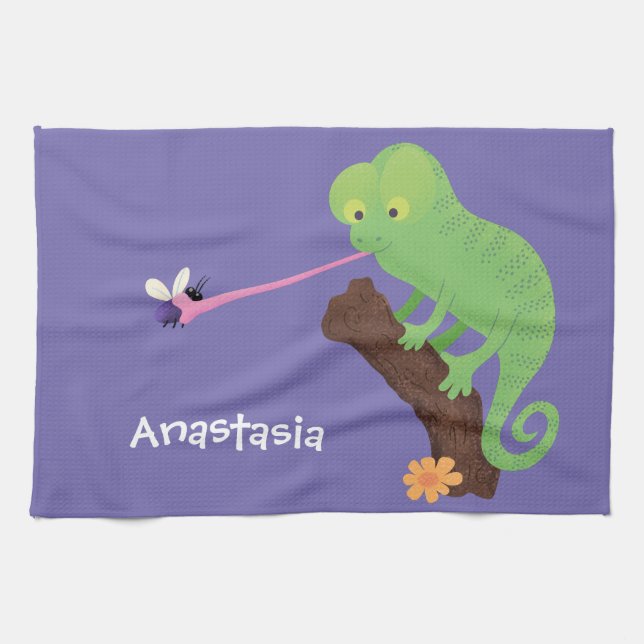 Cute funny green happy chameleon lizard cartoon tea towel (Horizontal)