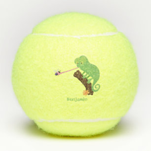 Cute funny green happy chameleon lizard cartoon tennis balls