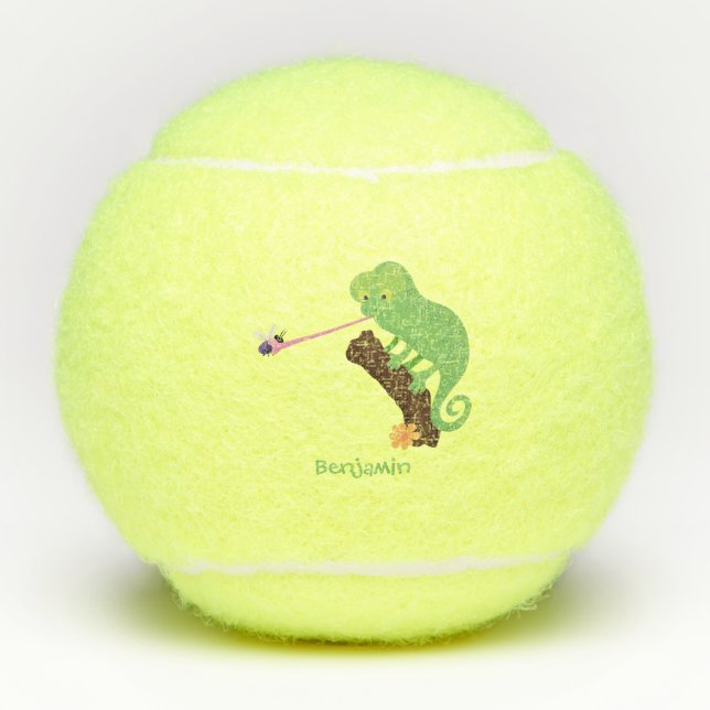 Cute funny green happy chameleon lizard cartoon tennis balls (Front)