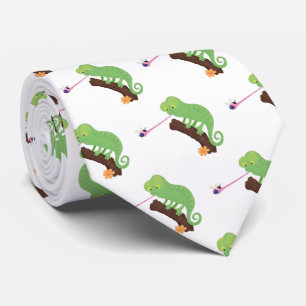 Cute funny green happy chameleon lizard cartoon tie
