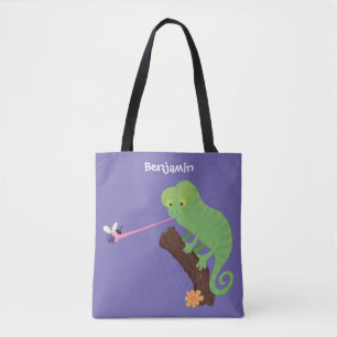 Cute funny green happy chameleon lizard cartoon tote bag