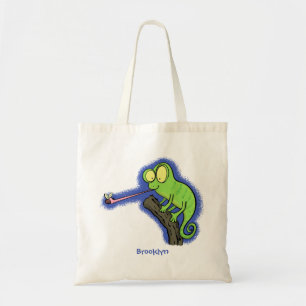 Cute funny green happy chameleon lizard cartoon tote bag