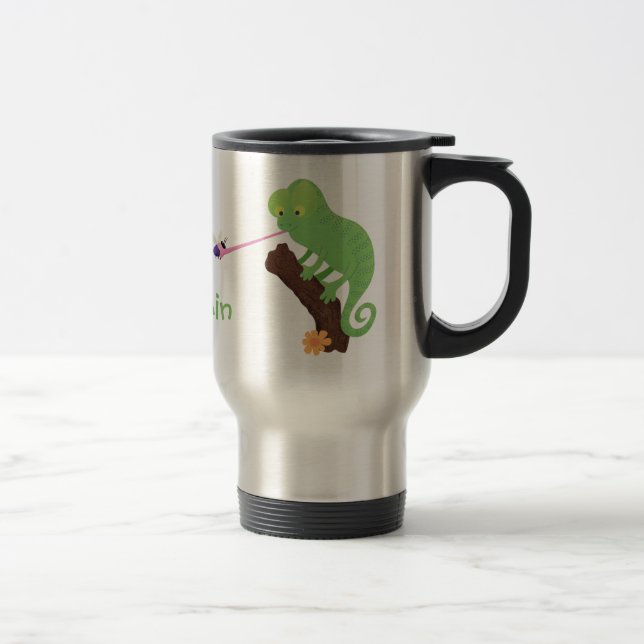 Cute funny green happy chameleon lizard cartoon travel mug (Right)