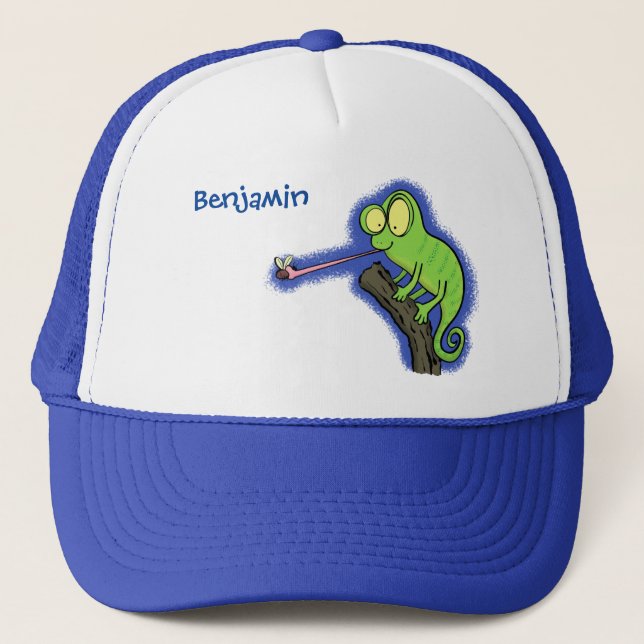 Cute funny green happy chameleon lizard cartoon trucker hat (Front)