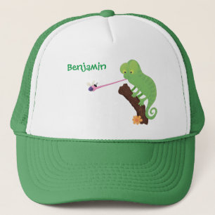 Cute funny green happy chameleon lizard cartoon trucker hat