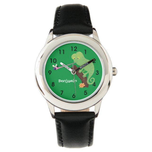 Cute funny green happy chameleon lizard cartoon watch (Front)