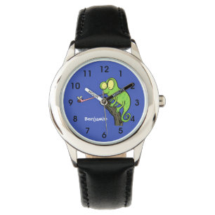 Cute funny green happy chameleon lizard cartoon watch