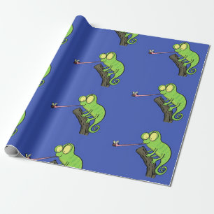 Cute funny green happy chameleon lizard cartoon wrapping paper
