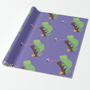 Cute funny green happy chameleon lizard cartoon wrapping paper