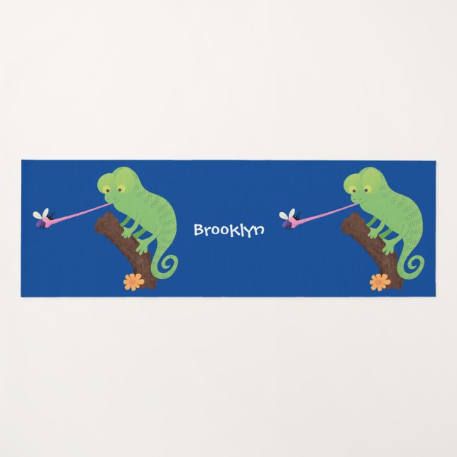 Cute funny green happy chameleon lizard cartoon yoga mat (Front (Horizontal))