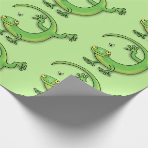 Cute funny green lizard cartoon illustration wrapping paper