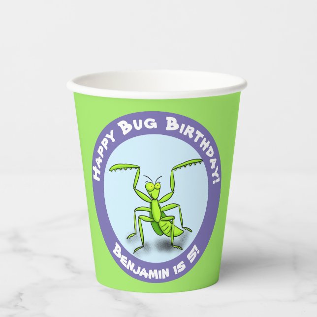 Cute funny green praying mantis cartoon birthday paper cups (Front)