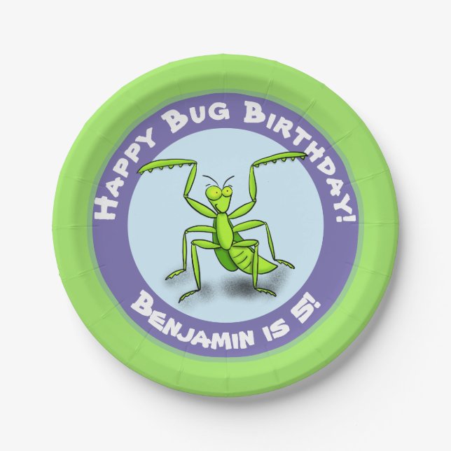 Cute funny green praying mantis cartoon birthday paper plate (Front)