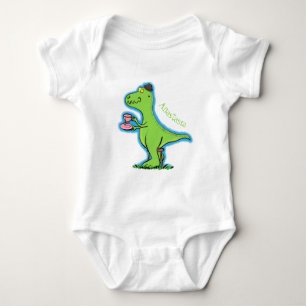 Cute funny green t rex dinosaur cartoon baby bodysuit