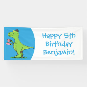 Cute funny green t rex dinosaur cartoon banner