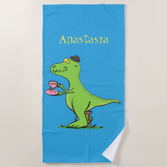 Cute funny green t rex dinosaur cartoon beach towel (Front)