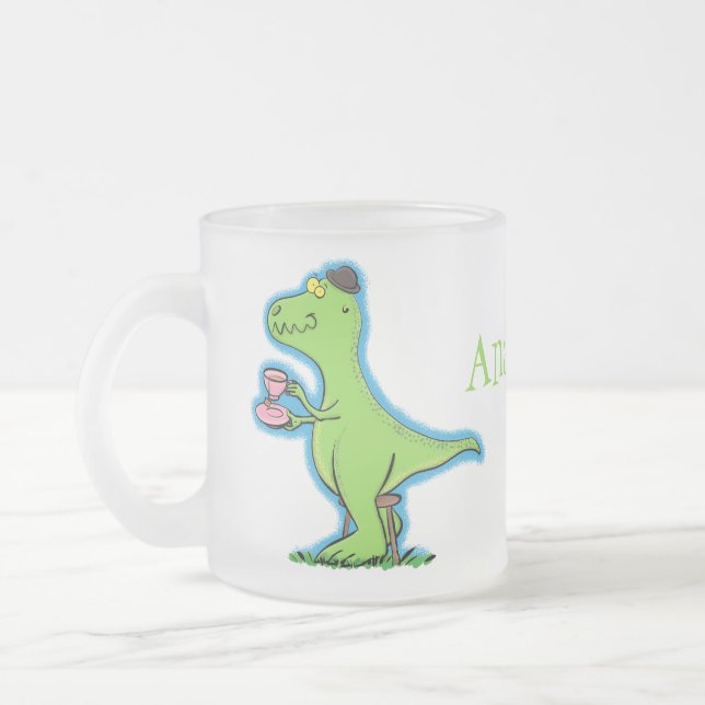 Cute funny green t rex dinosaur cartoon frosted glass coffee mug (Left)