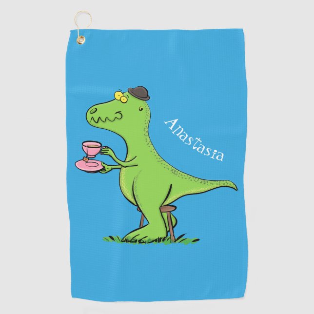 Cute funny green t rex dinosaur cartoon  golf towel (Front)