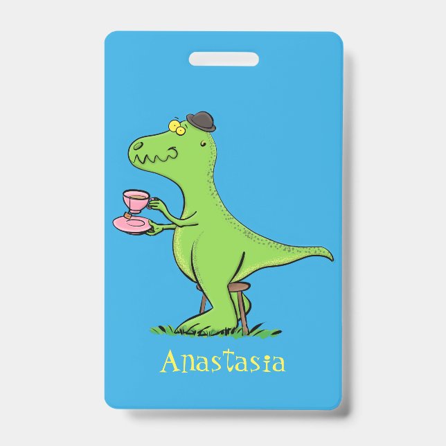 Cute funny green t rex dinosaur cartoon ID badge (Front)